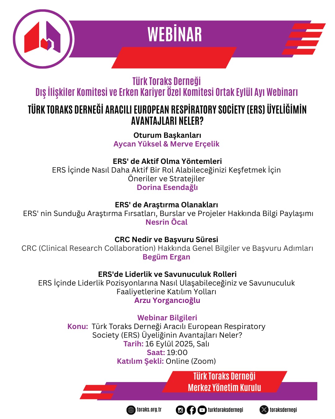 Türk Toraks Derneği Dış İlişkiler Komitesi ve Erken Kariyer Özel Komitesi Ortak Eylül Ayı Webinar Duyurumuz: 