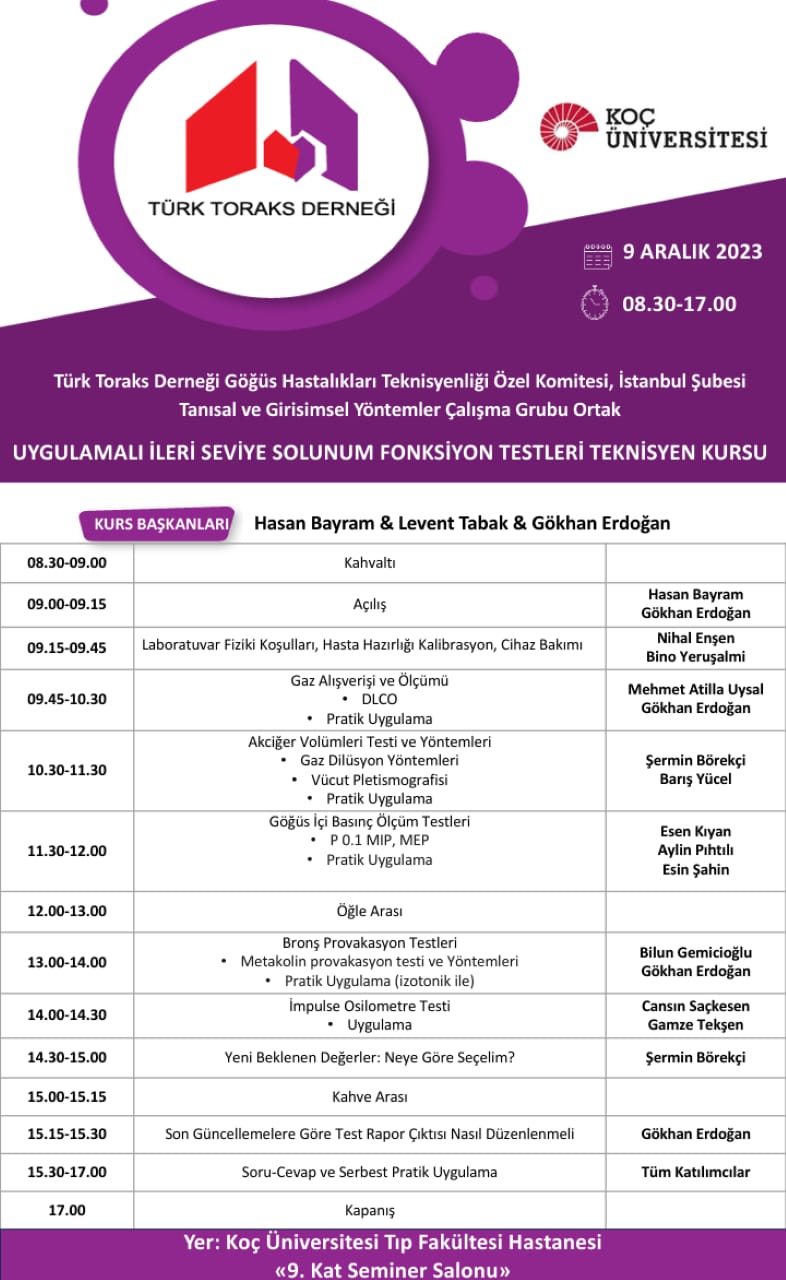 Türk Toraks Derneği (TTD) Göğüs Hastalıkları Teknisyenliği Özel Komitesi, TTD İstanbul Şubesi ve TTD Tanısal ve Girişimsel Yöntemler Çalışma Grubu Ortak “Uygulamalı İleri Seviye Solunum Fonksiyon Testleri Teknisyen Kursu