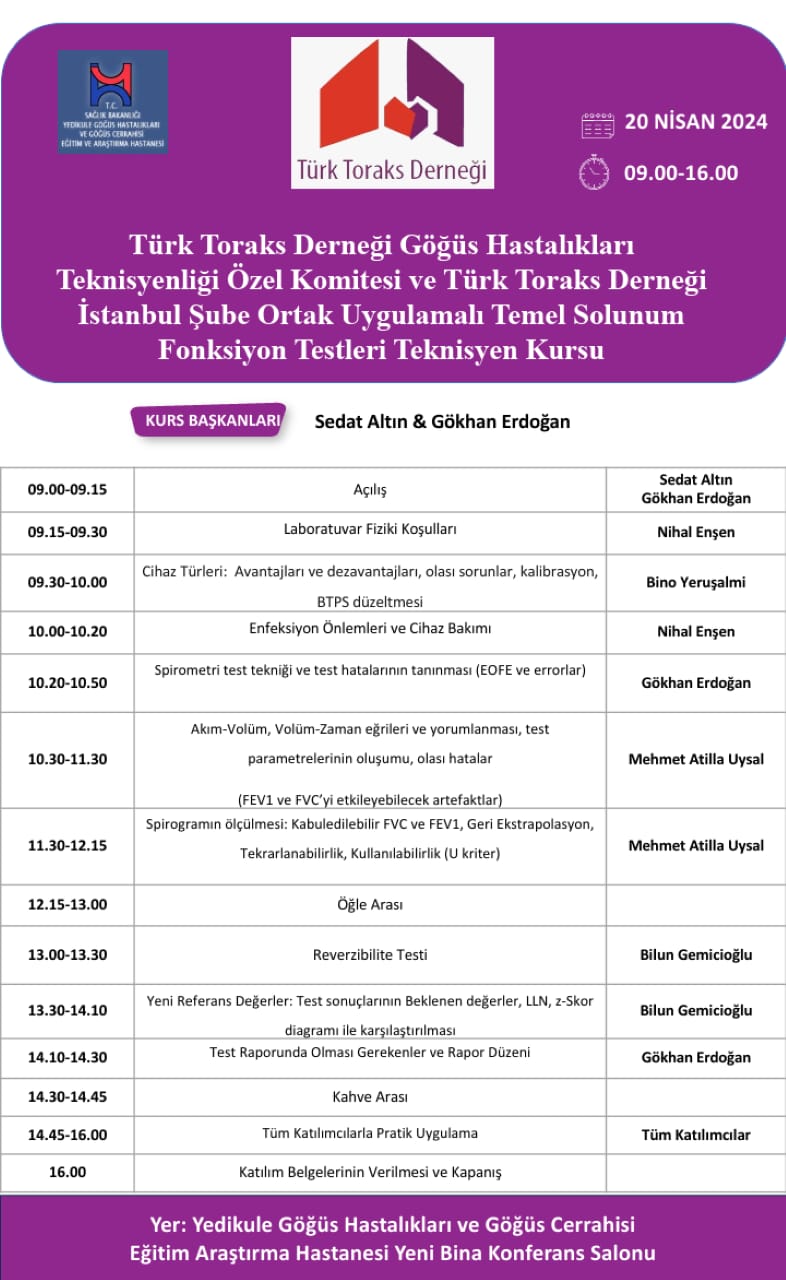 Türk Toraks Derneği Göğüs Hastalıkları Teknisyenliği Özel Komitesi ve Türk Toraks Derneği İstanbul Şubesi Ortak “Uygulamalı Temel Solunum Fonksiyon Testleri Teknisyen Kursu