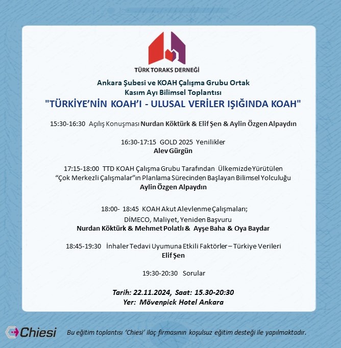 Türk Toraks Derneği Ankara Şubesi ve KOAH Çalışma Grubu Ortak Kasım Ayı Bilimsel Toplantı Duyurumuz: 
