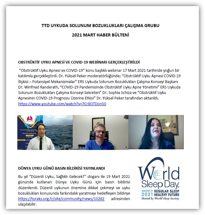 Türk Toraks Derneği Uykuda Solunum Bozuklukları Çalışma Grubu 2021 Mart Haber Bülteni Yayınlandı